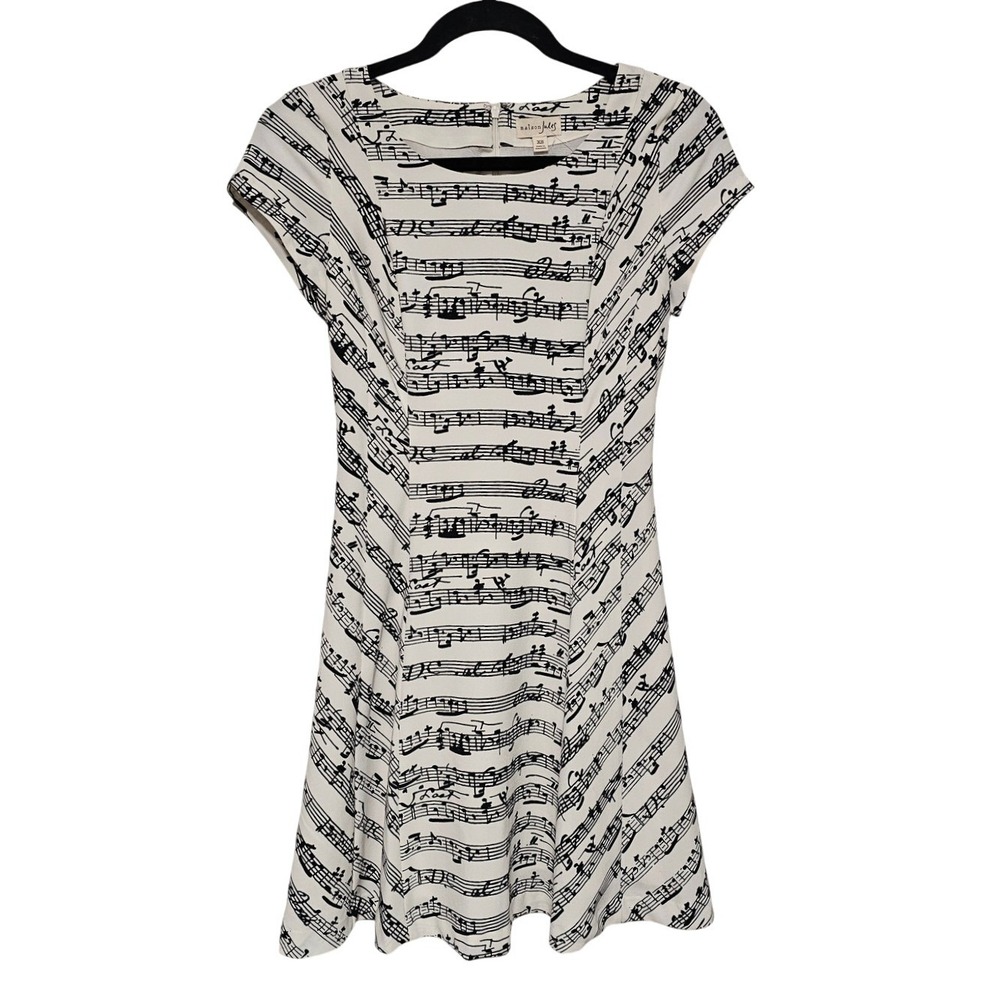 Maison Jules XS White Black Music Note Print Fit Flare Dress Twee Teachercore ~